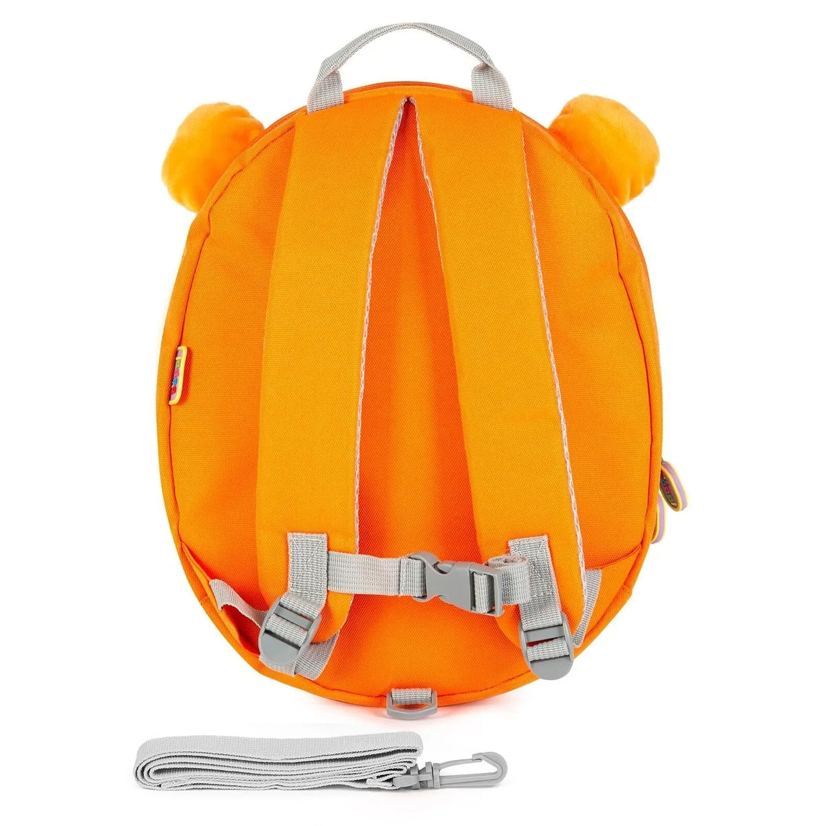 Kids orange animal backpack back view with gray straps and removable shoulder strap set.