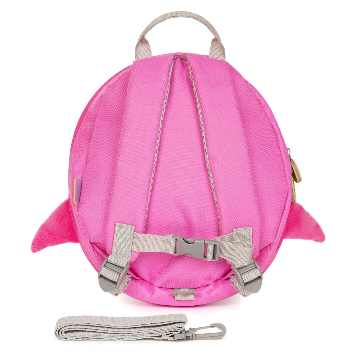 Pink character mini backpack with adjustable gray shoulder straps