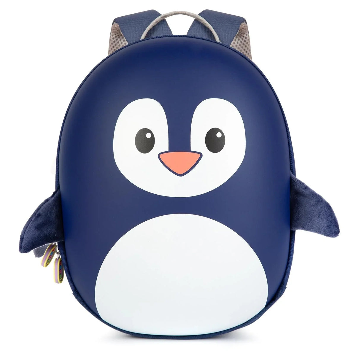 Kids penguin-shaped backpack in dark blue, with white belly and orange beak, front zipper.