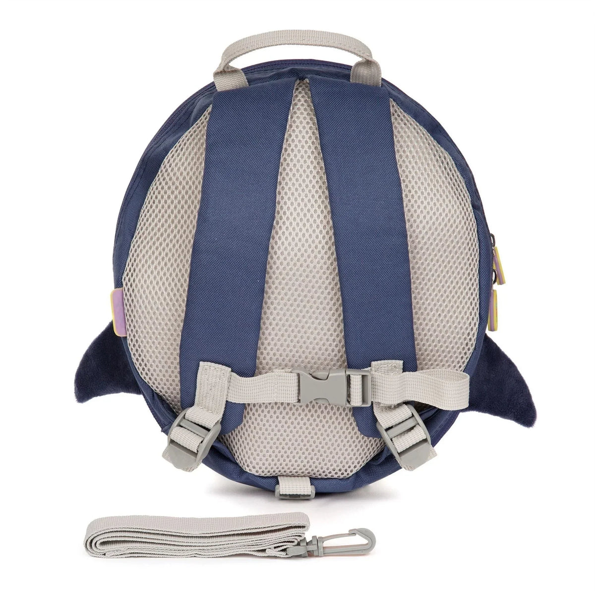 Kids dark blue backpack back view, gray straps and mesh panels, with hanging clips.