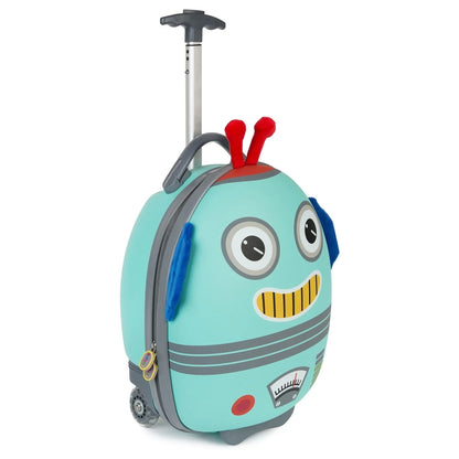 Children's robot-themed rolling luggage case in teal with red ears and face design