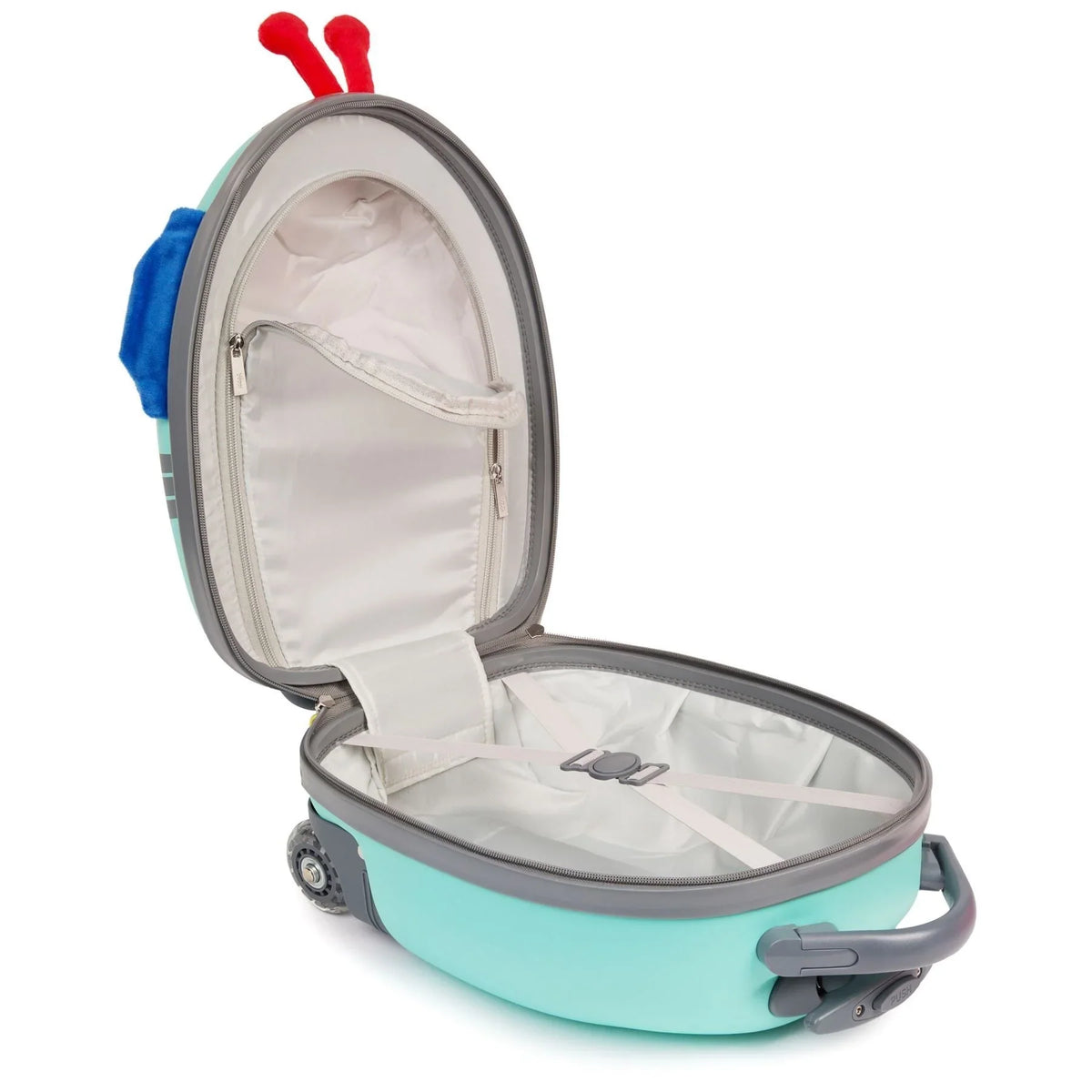 Children's teal-and-gray luggage case opened with white interior and zip closure