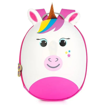 White unicorn mini backpack with rainbow horn and mane, pink base, zip front.
