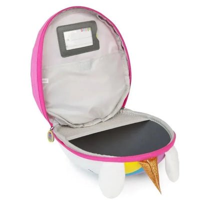Pink mini backpack with open zipper and gray inner pocket