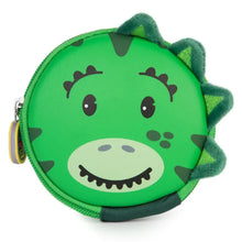 Green dinosaur keychain pouch with smiling snout, stitched spikes, and small side dangle tag.