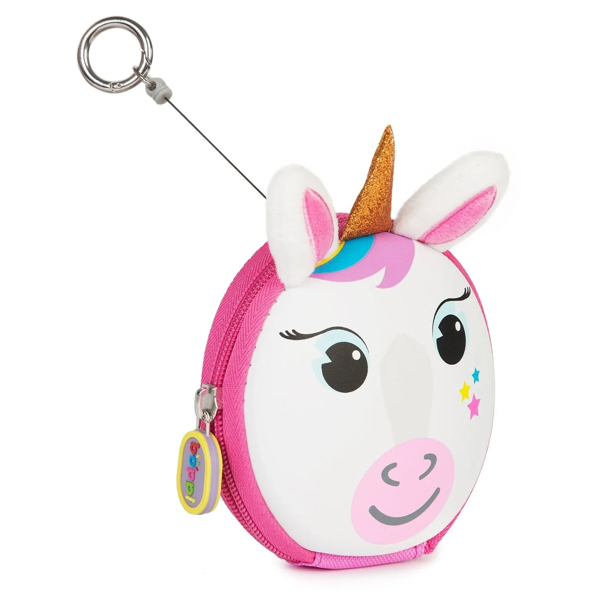 Round unicorn keychain pouch with pink zipper and smiling face, dangling key ring.