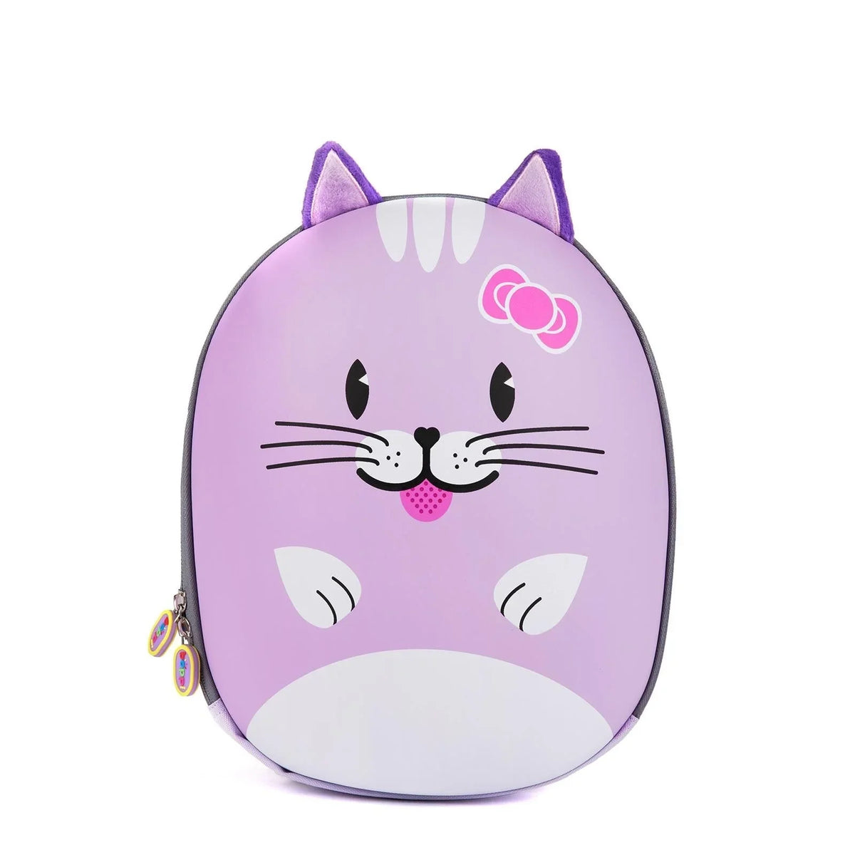 Lavender cat mini backpack with whiskers and pink bow detail