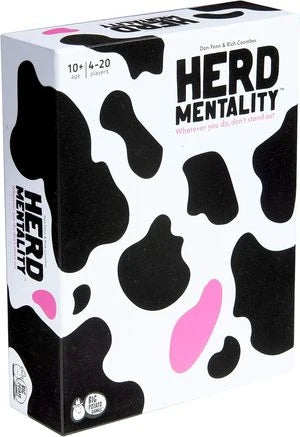 Herd Mentality board game box with black-and-white cow pattern and pink spots