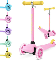 Pink foldable 3-wheel scooter with yellow grips and pink wheels