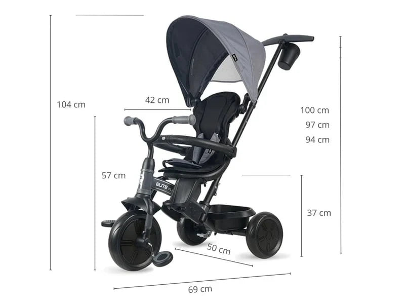 Black and gray 3-wheel toddler tricycle stroller with size measurement diagram