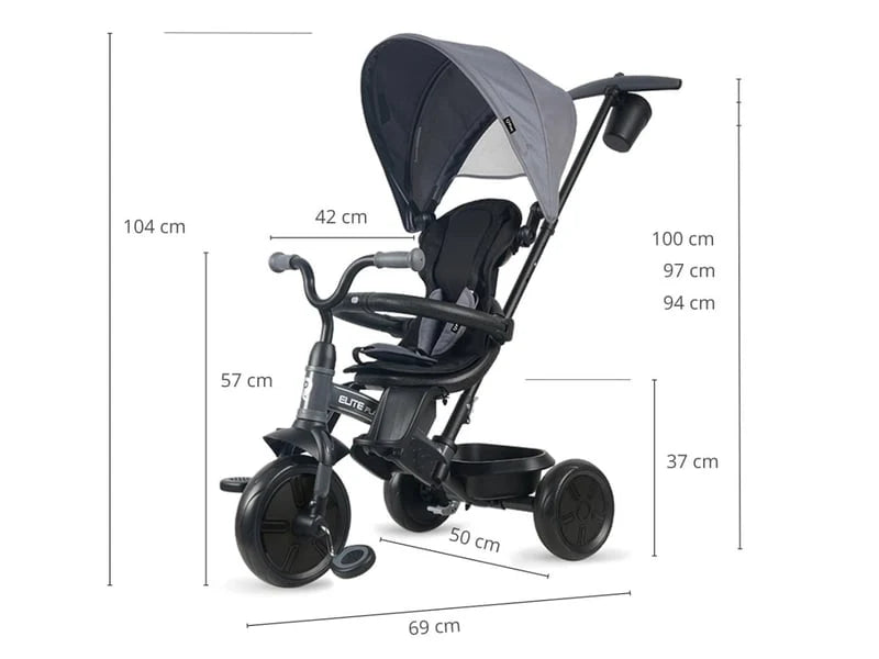 Tricycle Elite Platinum Gray with canopy, seat, and labeled size dimensions