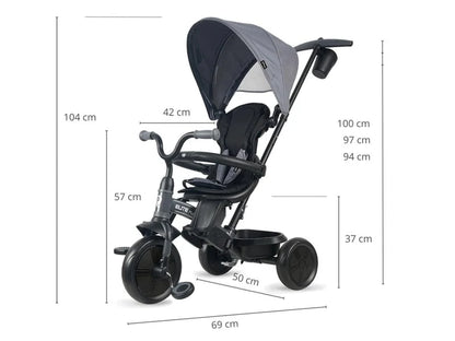 Tricycle Elite Platinum Gray with canopy, seat, and labeled size dimensions