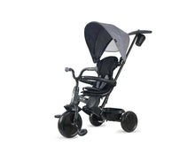 Platinum gray tricycle stroller with canopy and black wheels, front view