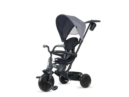 Platinum gray tricycle stroller with canopy and black wheels, front view