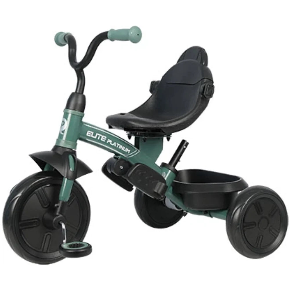 Green Elite Platinum tricycle stroller, black seat and handlebar, canopy up