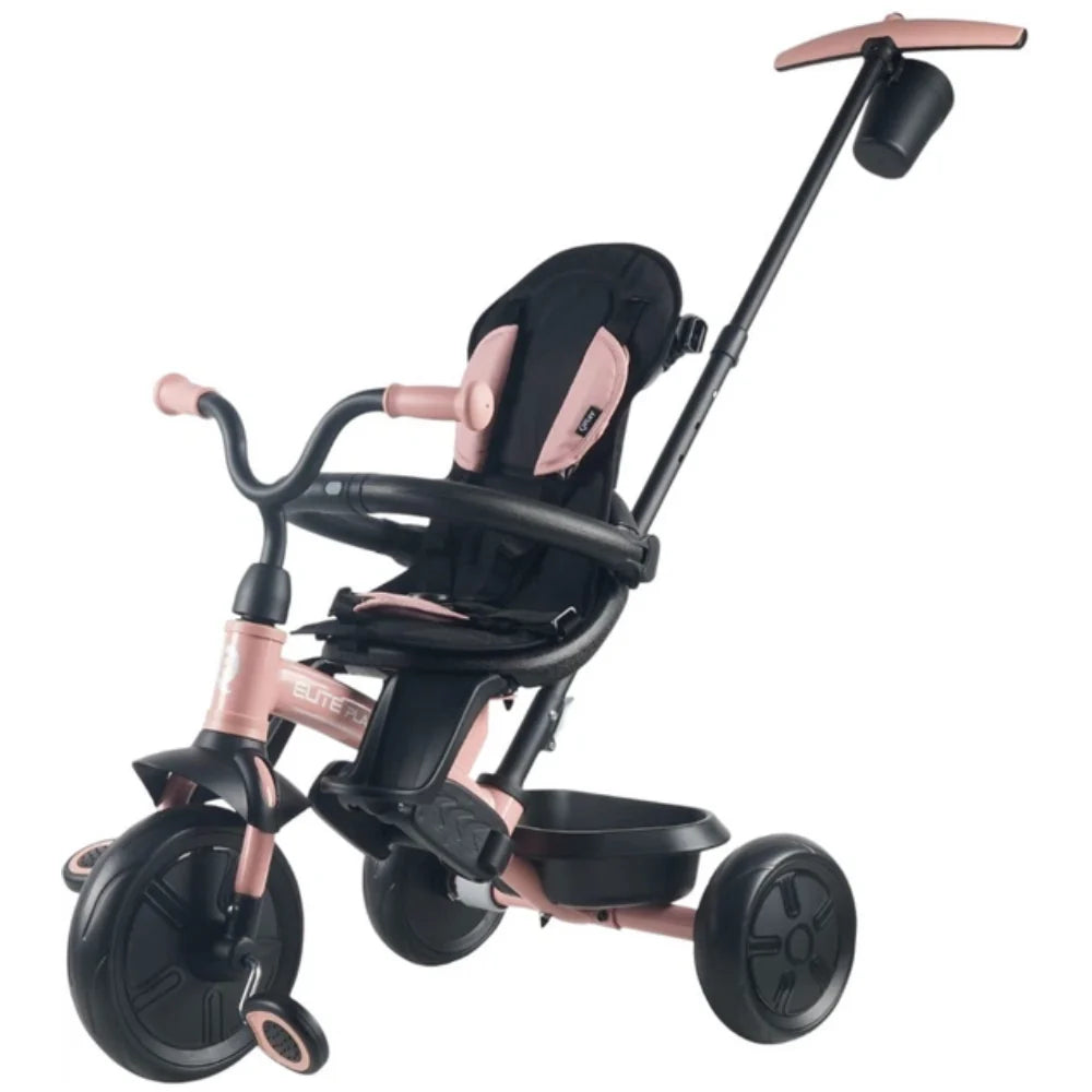 Pink 3-wheel tricycle with black frame, canopy, tray, and footrest
