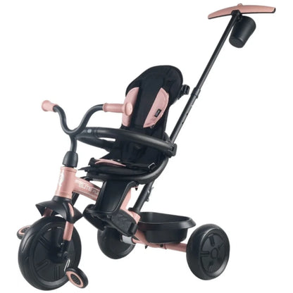 Pink 3-wheel tricycle with black frame, canopy, tray, and footrest