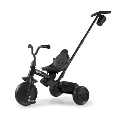 Black tricycle stroller with front canopy and handlebar