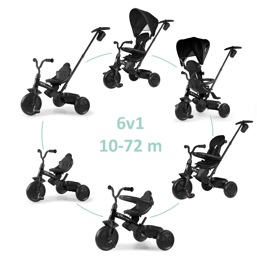 Black 6v1 tricycle stroller, 10-72 m; multiple modes