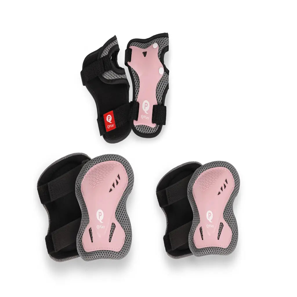 Children’s size S knee protectors, pink pads with black straps and gray mesh backing
