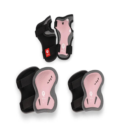 Children’s size S knee protectors, pink pads with black straps and gray mesh backing