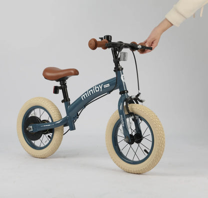 Gray-blue 3in1 miniby balance bike with tan seat and handlebar grips