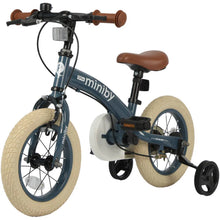 miniby 3in1 balance bike with gray-blue frame, tan handle grips and saddle