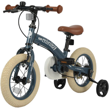 miniby 3in1 balance bike with gray-blue frame, tan handle grips and saddle