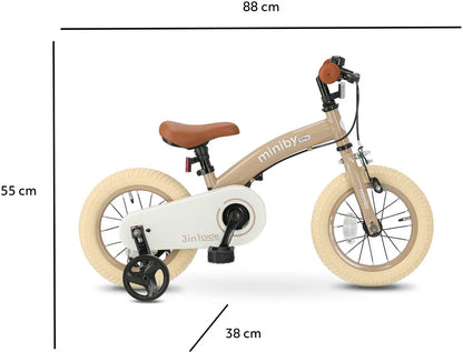 3-in-1 balance bike side view with dimensions: 88 cm height and 55 cm length