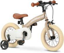 Mocha 12-inch 3-in-1 balance bike with tan seat and hand brakes