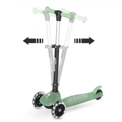 Green sparkling kids scooter with folding arrows and three-wheel base