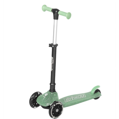 Green sparkling kids scooter with three wheels and mint handlebar grips