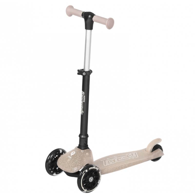 Nude sparkling kids scooter with three wheels and beige handlebar grips