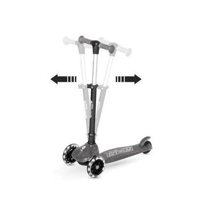 Black sparkling kids scooter with folding arrows and three-wheel base