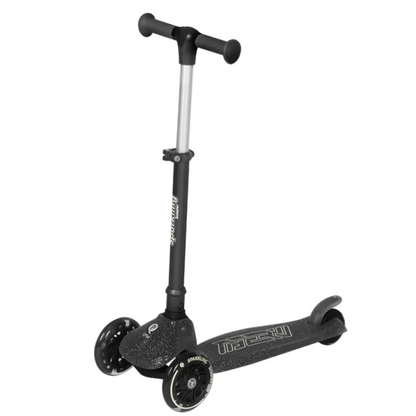 Black sparkling kids scooter with three-wheeled deck and curved handlebar grips
