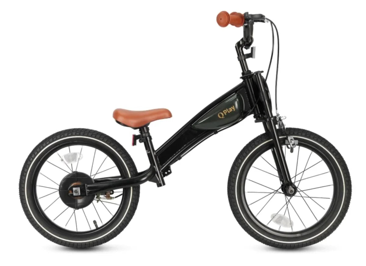 Motor Air Wheels 16 Zoll 3in1, Seitenansicht: schwarzes Fahrrad mit braunem Sattel