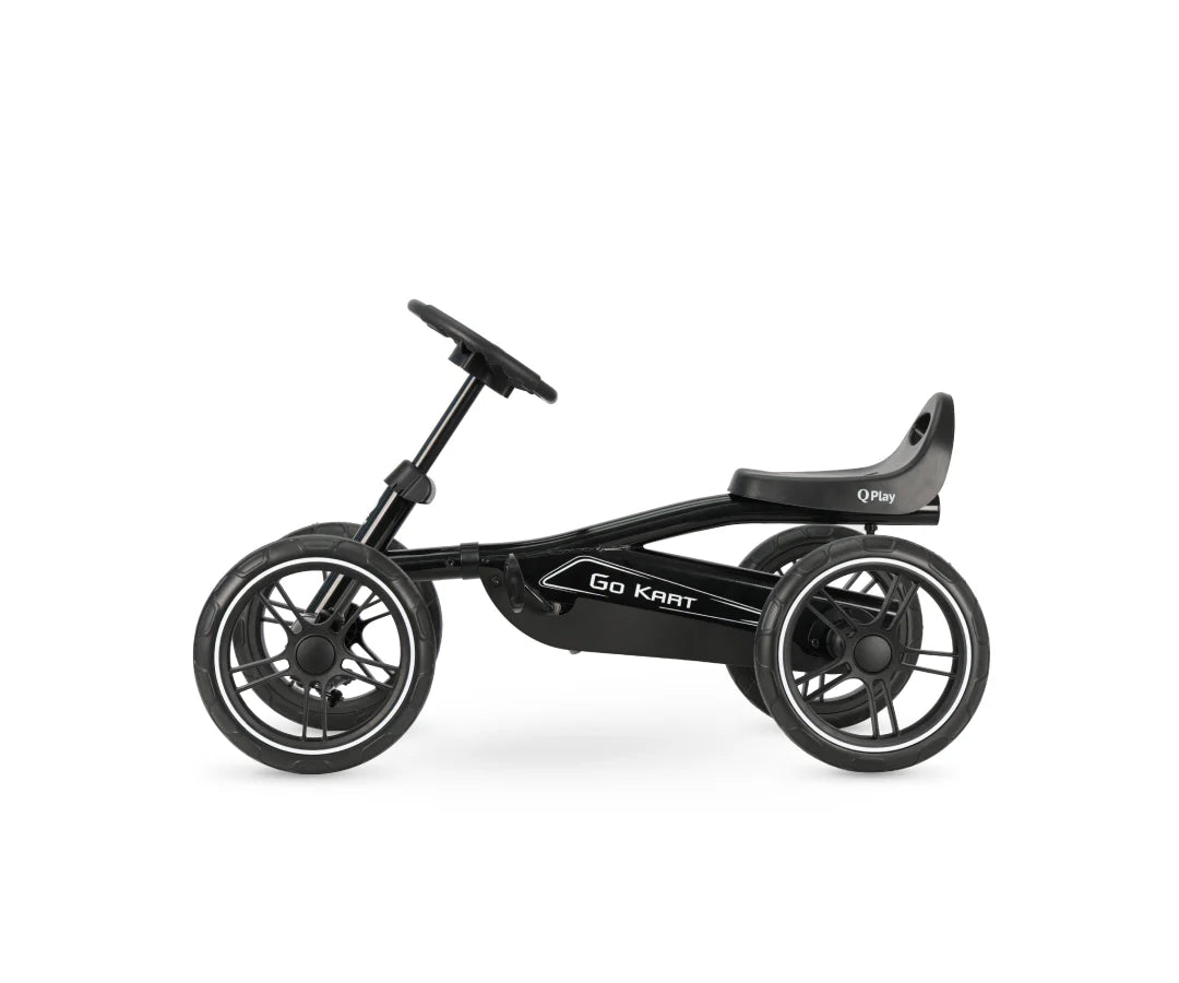 Black pedal go-kart side view with pedals, handlebars, and seat