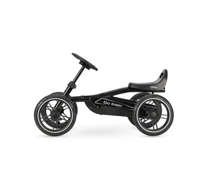 Black pedal go-kart side view with pedals, handlebars, and seat
