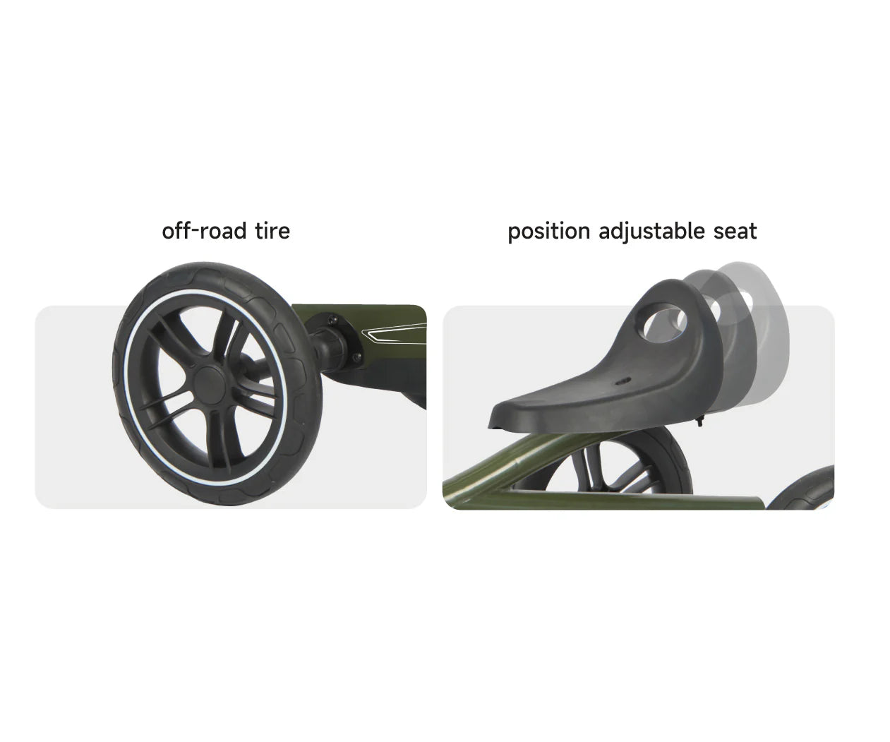 Go-kart off-road tire and height-adjustable seat