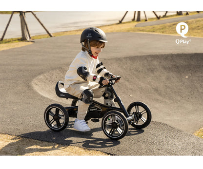 Black QPlay pedal go-kart with a child seated on the seat