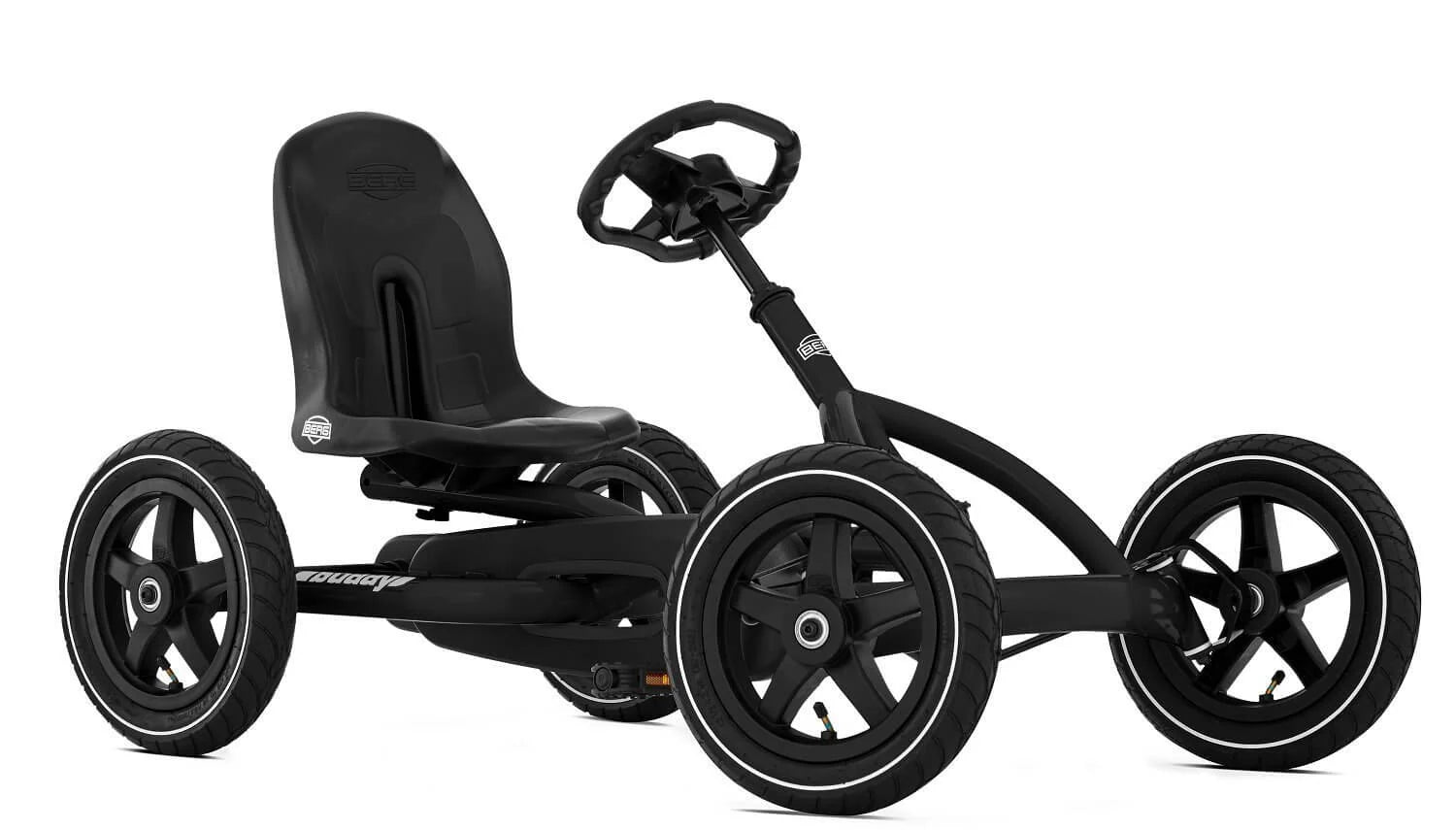 Black pedal go-kart with steering wheel and front/rear wheels