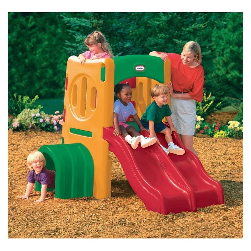 Outdoor plastic tunnel climber with yellow and green panels and red slide