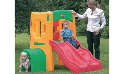 Outdoor tunnel climber with green top, orange sides, and red twin slide