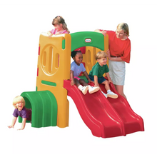 Playground tunnel climber with orange tower, green base, and red slide