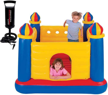 Inflatable castle bouncer with yellow wall and blue turrets, red base; air pump included