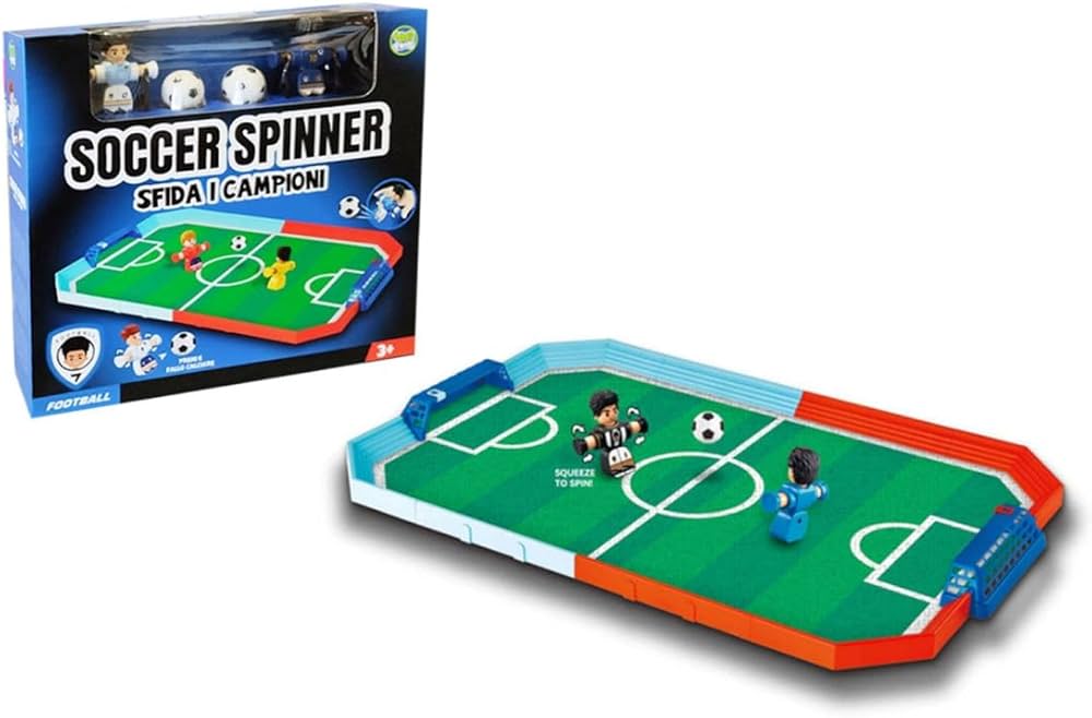 Finger spinner soccer playset with tabletop field and two miniature players, shown outside box