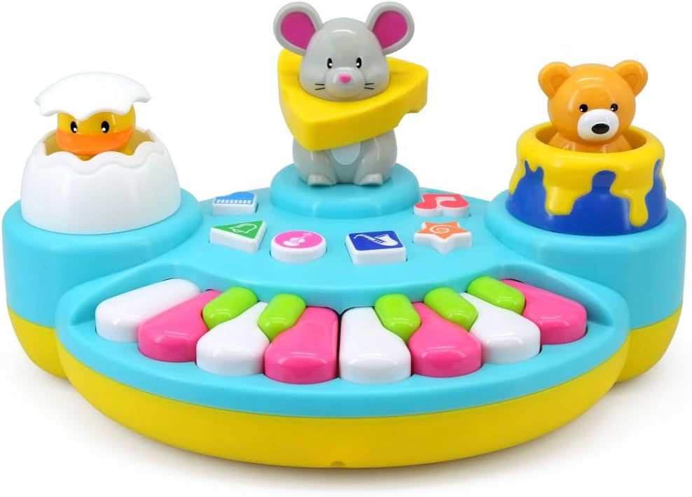 Kids' activity piano with three pop-up animal figures and colorful piano keys