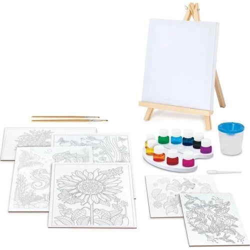 Watercolor painting kit with tabletop easel, brush, paint pots, and blank stencil sheets