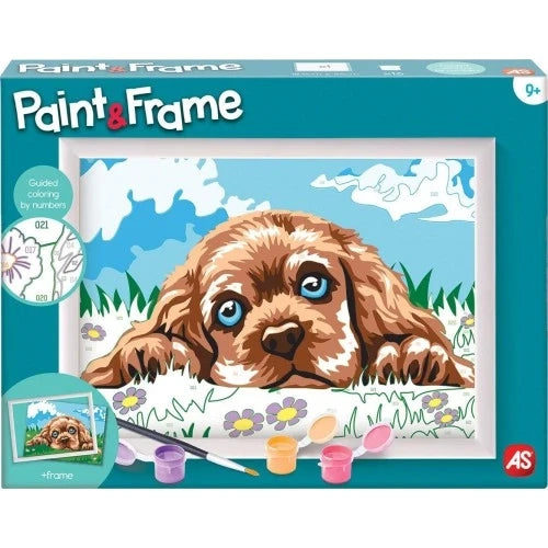 Paint-by-numbers frame kit with loving puppy print and paint pots, brush included