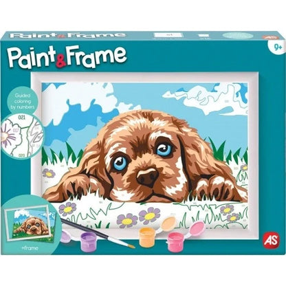 Paint-by-numbers frame kit with loving puppy print and paint pots, brush included